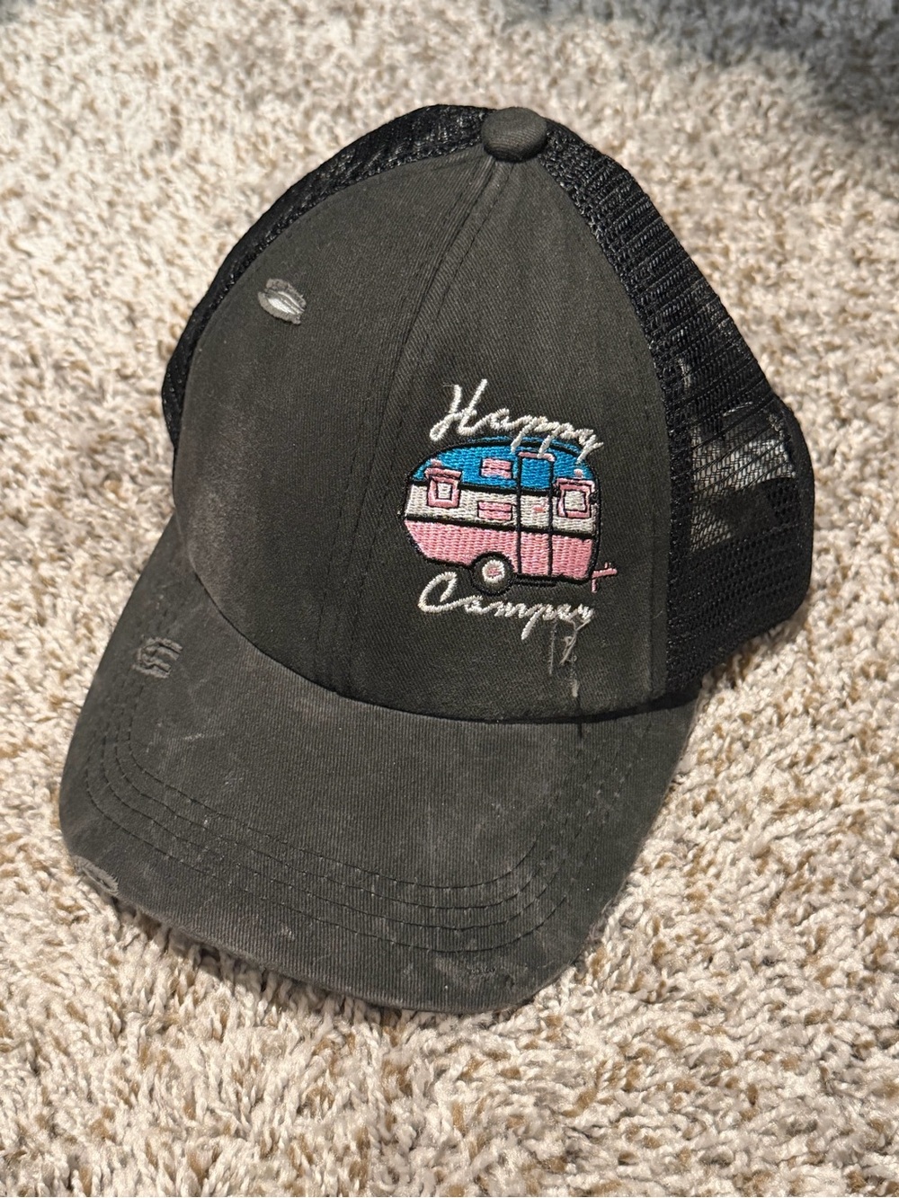 Happy Camper Kids Black Trucker Hat with Pink Camper Embroidery